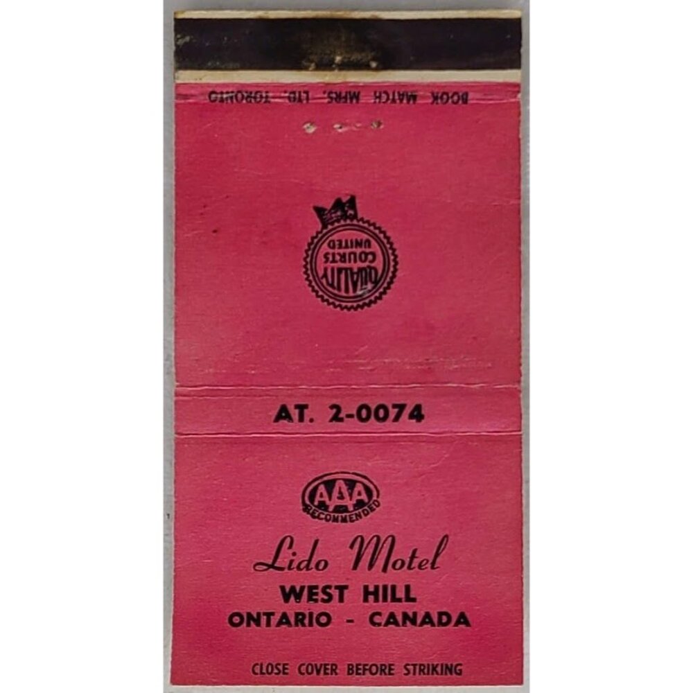 Front Strike Matchbook Cover Lido Motel West Hill Ontario Canada Pink 30 Stick